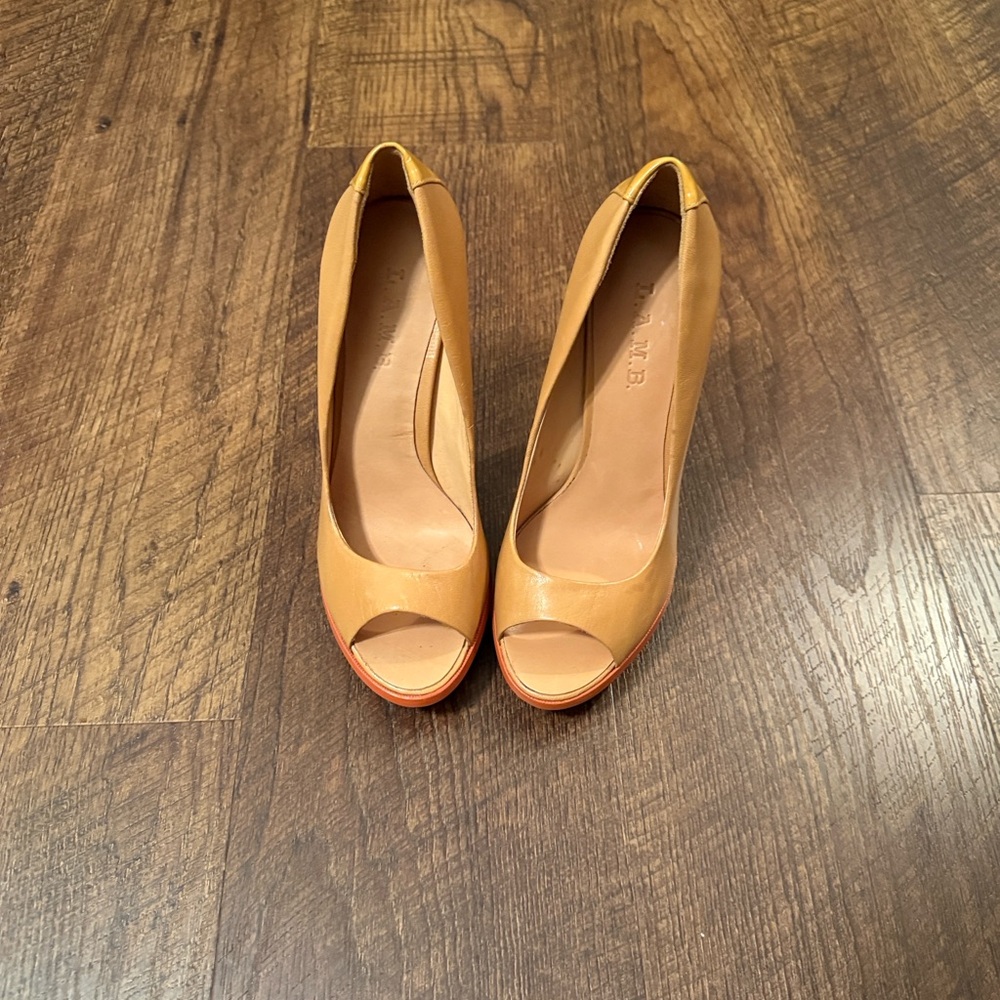 L.A.M.B. Tan Peep-Toe Heels